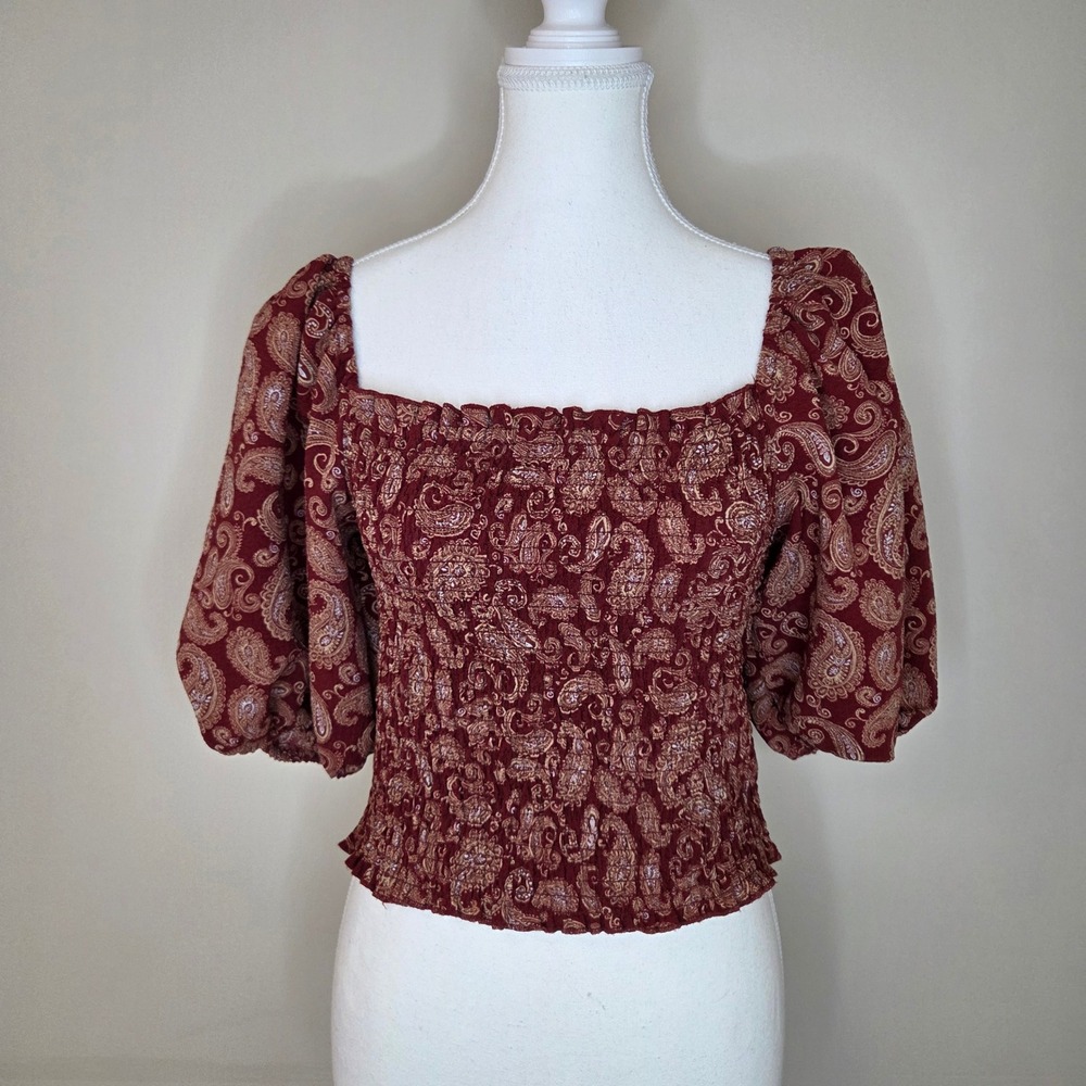 Express Paisley Puff Sleeve Smocked Top Cottagecore Shirred Blouse Size‎ L